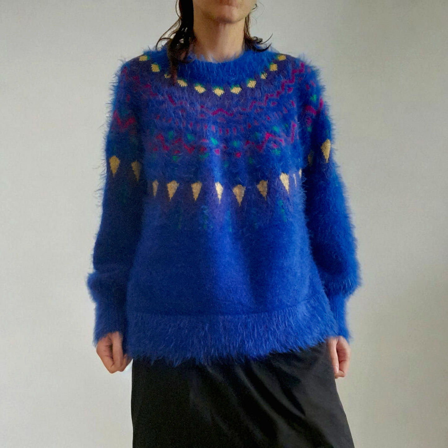 Vintage 80s Retro TIME & TRU Fairisle Electric Blue Sparkly Fluffy Eyelash Jumper