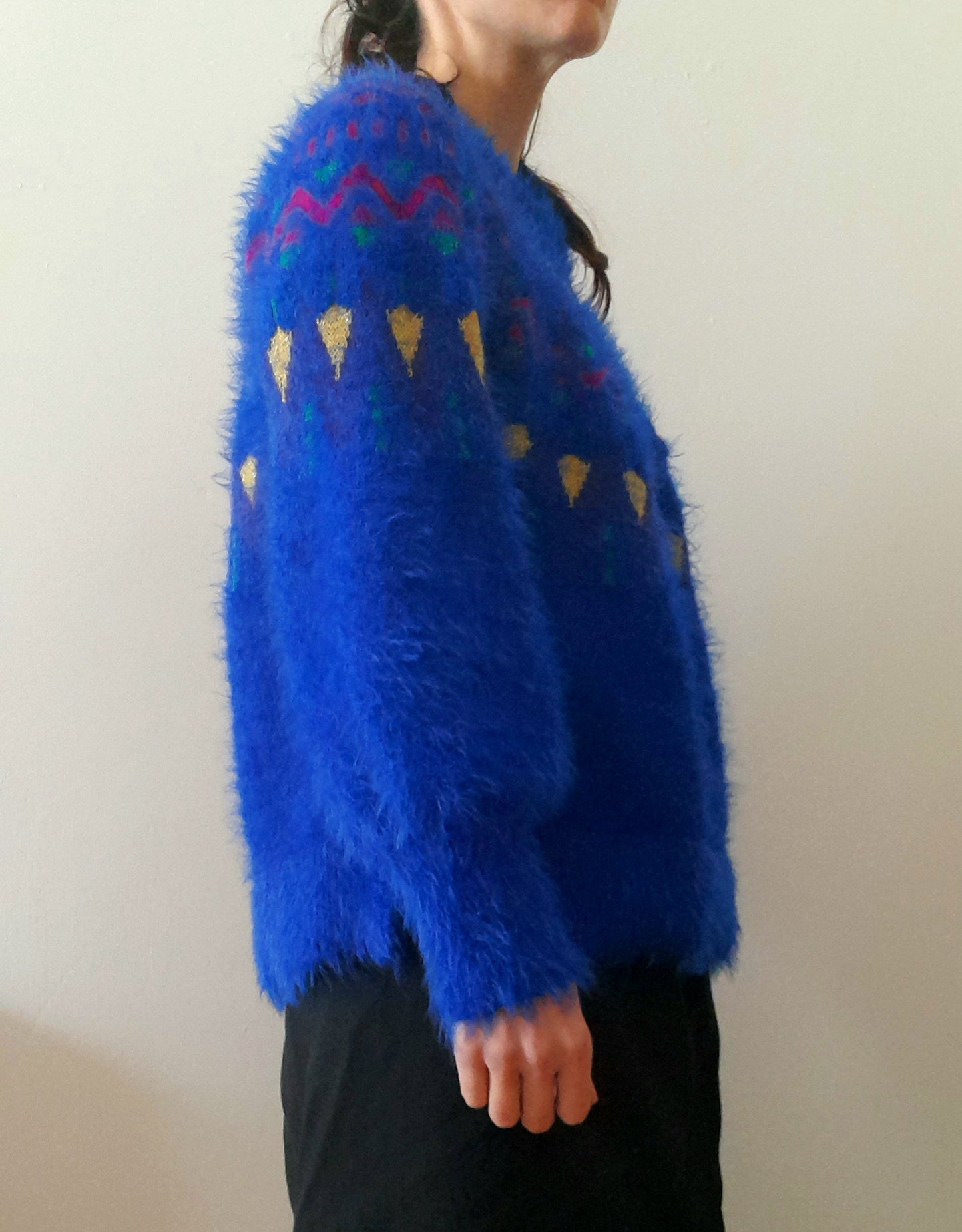 Vintage 80s Retro TIME & TRU Fairisle Electric Blue Sparkly Fluffy Eyelash Jumper