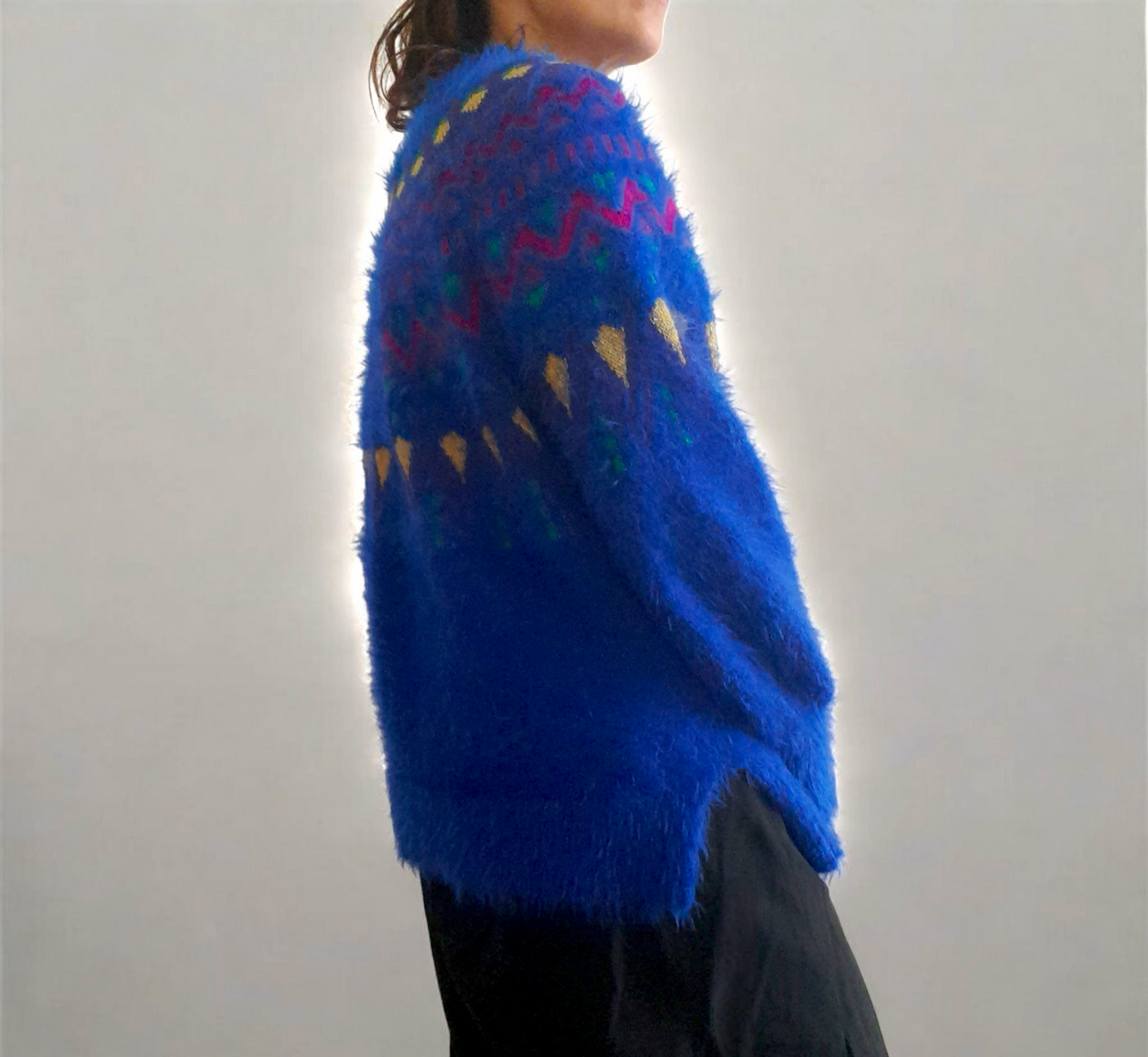 Vintage 80s Retro TIME & TRU Fairisle Electric Blue Sparkly Fluffy Eyelash Jumper