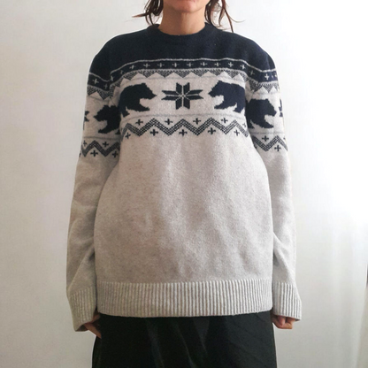 Vintage OLD NAVY Pale Grey Navy Polar Bear Icelandic Chunky Knit Jumper