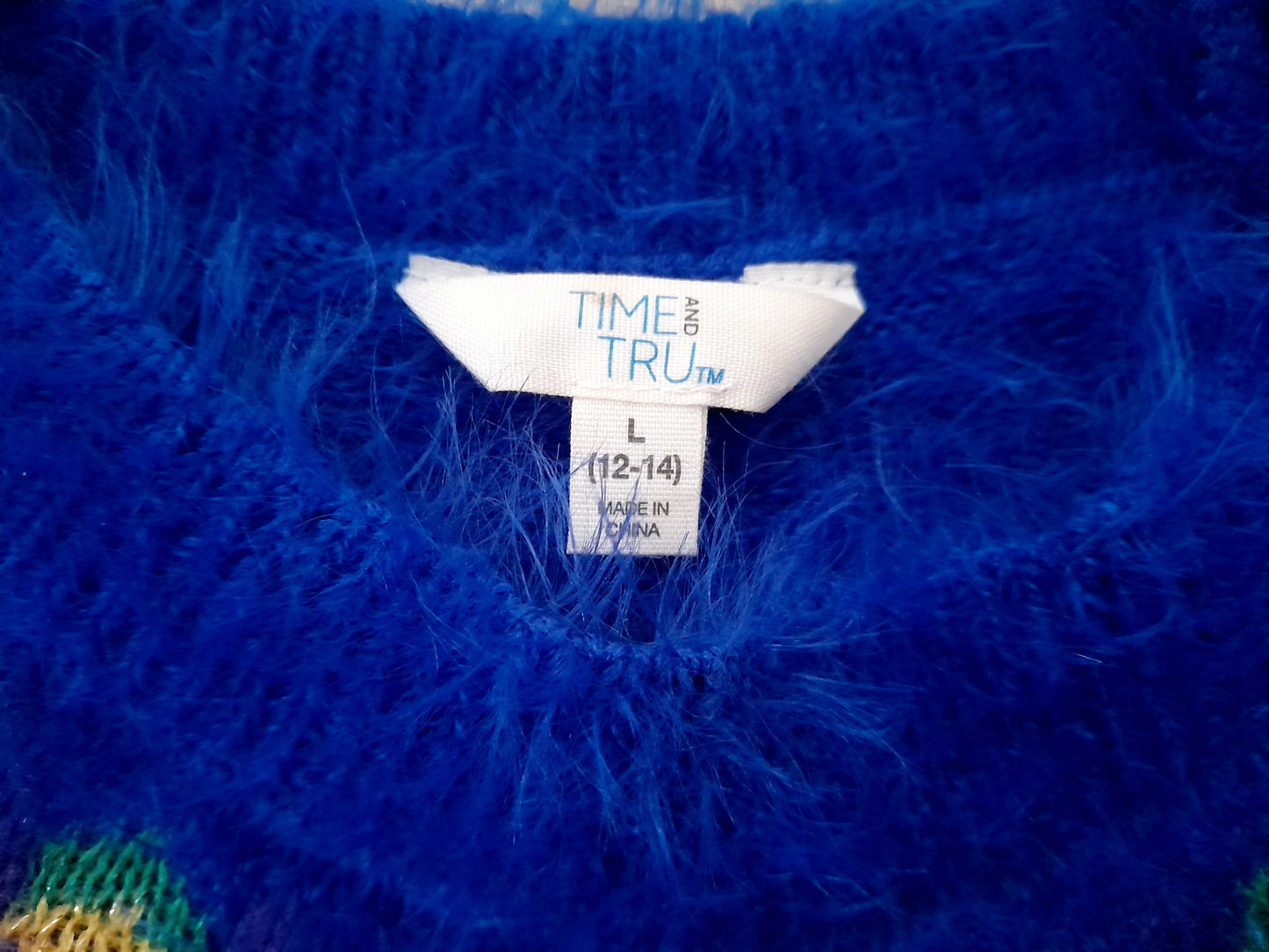 Vintage 80s Retro TIME & TRU Fairisle Electric Blue Sparkly Fluffy Eyelash Jumper