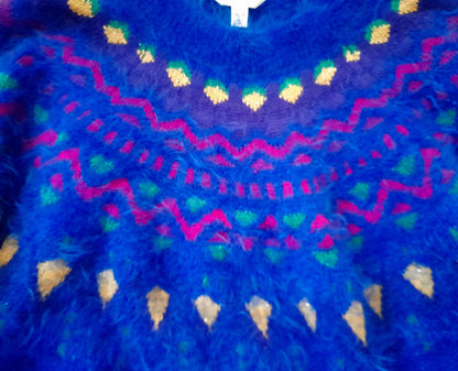 Vintage 80s Retro TIME & TRU Fairisle Electric Blue Sparkly Fluffy Eyelash Jumper