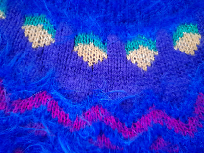 Vintage 80s Retro TIME & TRU Fairisle Electric Blue Sparkly Fluffy Eyelash Jumper