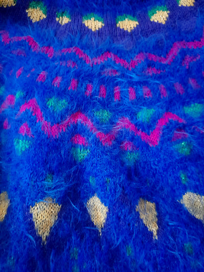 Vintage 80s Retro TIME & TRU Fairisle Electric Blue Sparkly Fluffy Eyelash Jumper