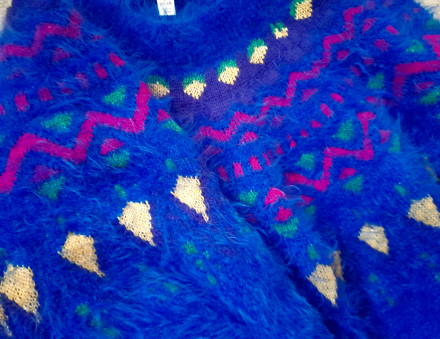 Vintage 80s Retro TIME & TRU Fairisle Electric Blue Sparkly Fluffy Eyelash Jumper