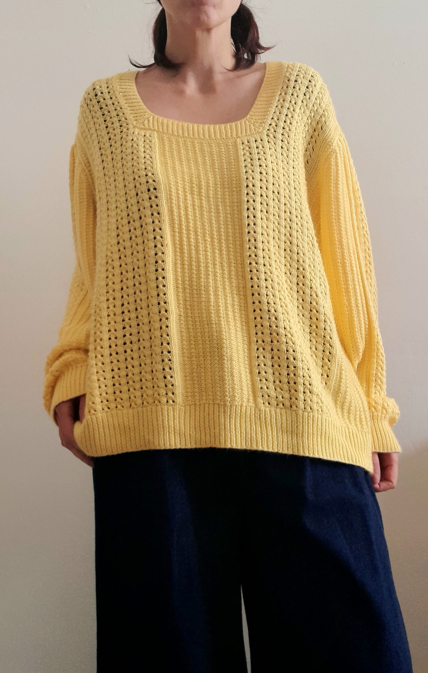 Vintage Handknitted Crochet Yellow Acrylic Square Collar Oversized Jumper