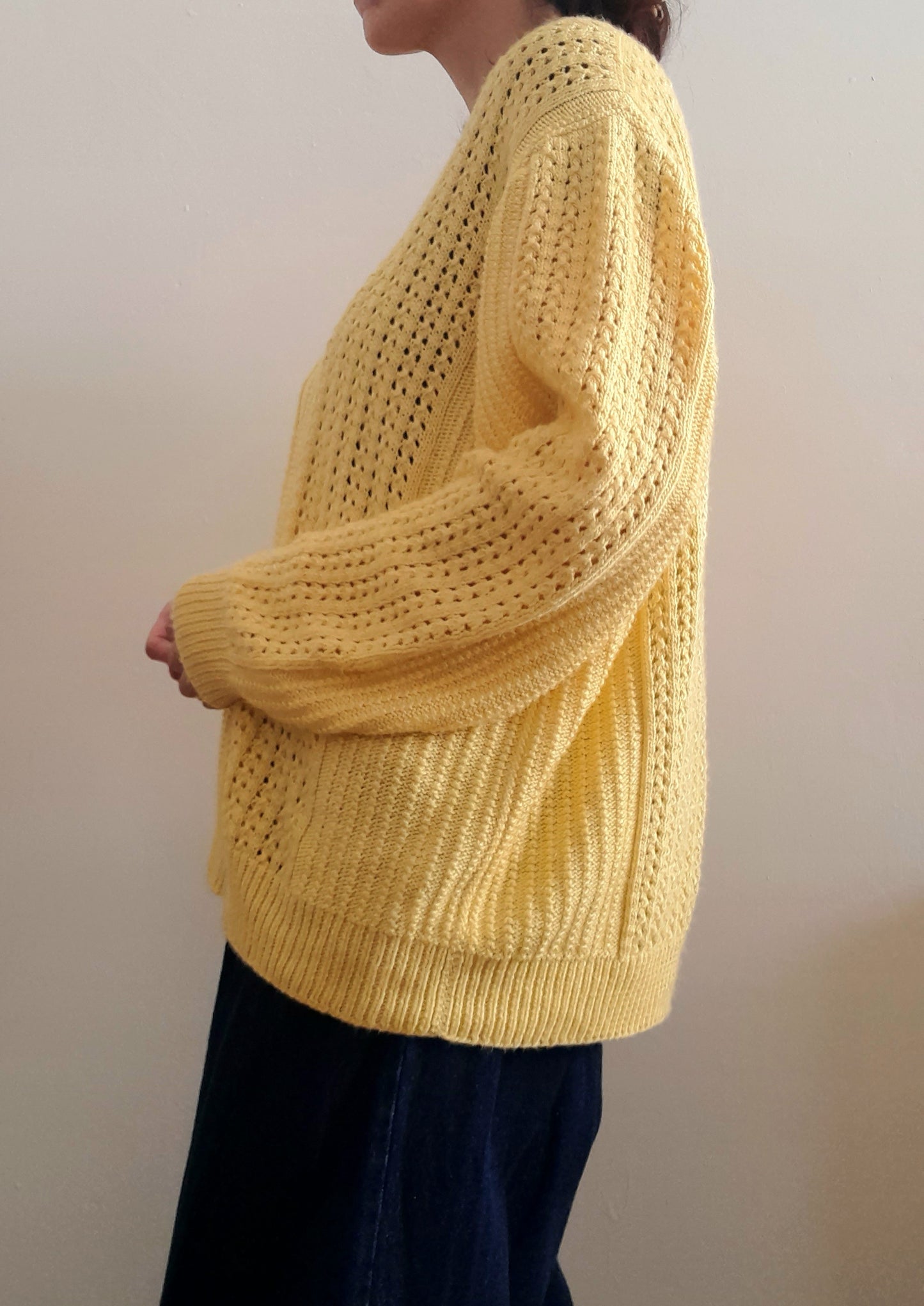 Vintage Handknitted Crochet Yellow Acrylic Square Collar Oversized Jumper