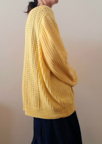 Vintage Handknitted Crochet Yellow Acrylic Square Collar Oversized Jumper