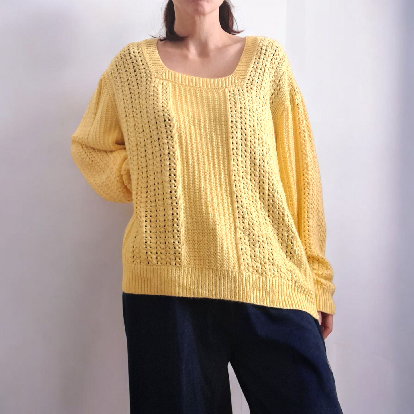 Vintage Handknitted Crochet Yellow Acrylic Square Collar Oversized Jumper