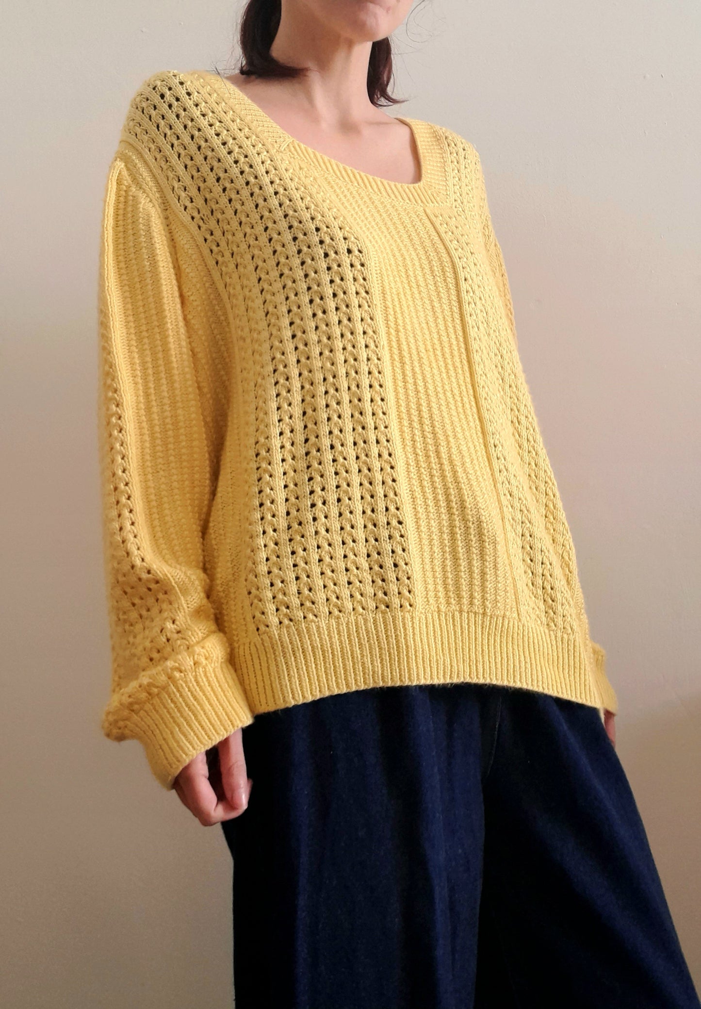 Vintage Handknitted Crochet Yellow Acrylic Square Collar Oversized Jumper