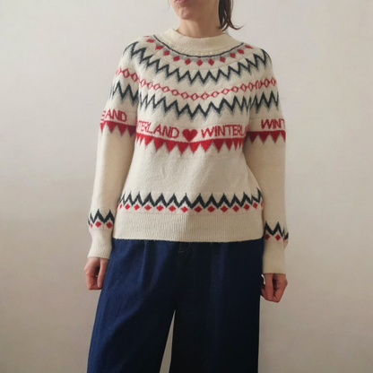 Vintage Y2K H&M Cream Black Grey Red Heart Winterland Fairisle Knitted Jumper