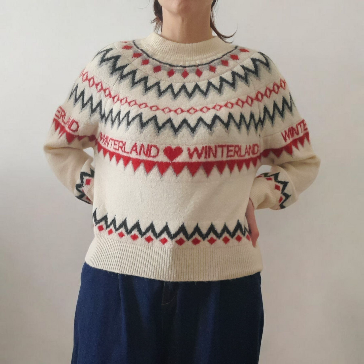 Vintage Y2K H&M Cream Black Grey Red Heart Winterland Fairisle Knitted Jumper