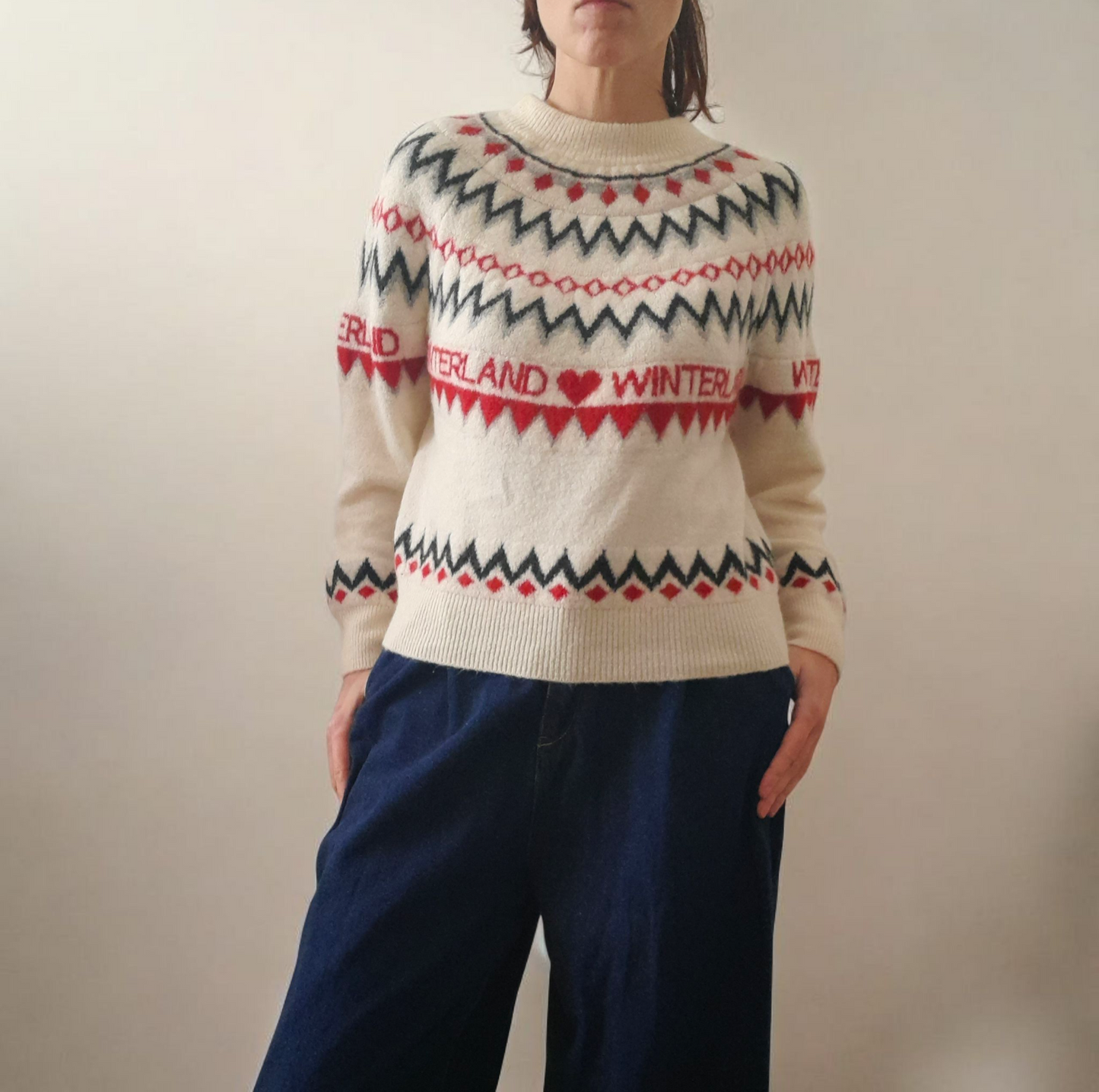 Vintage Y2K H&M Cream Black Grey Red Heart Winterland Fairisle Knitted Jumper