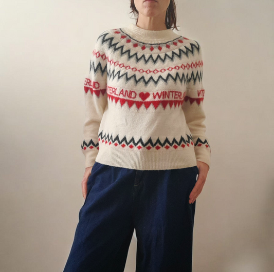 Vintage Y2K H&M Cream Black Grey Red Heart Winterland Fairisle Knitted Jumper