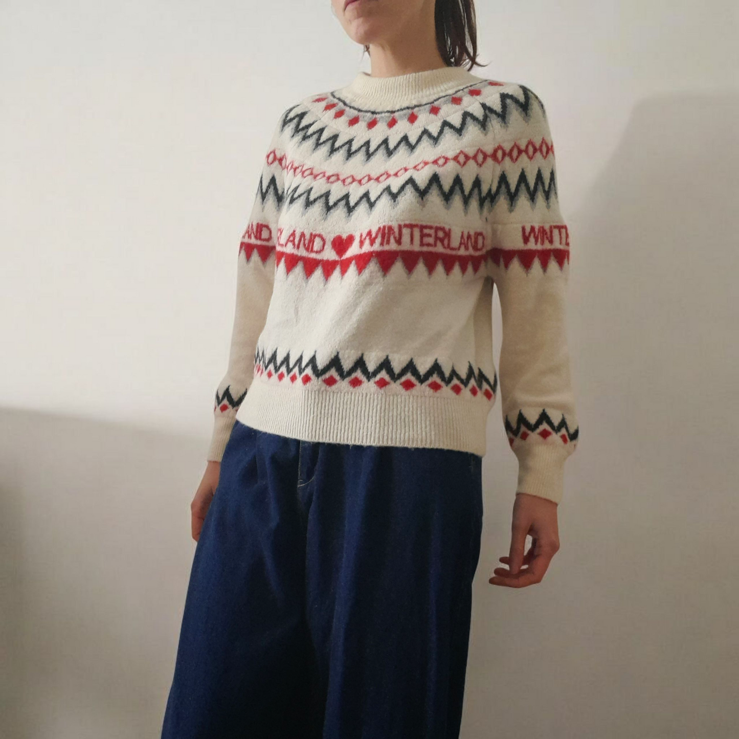 Vintage Y2K H&M Cream Black Grey Red Heart Winterland Fairisle Knitted Jumper