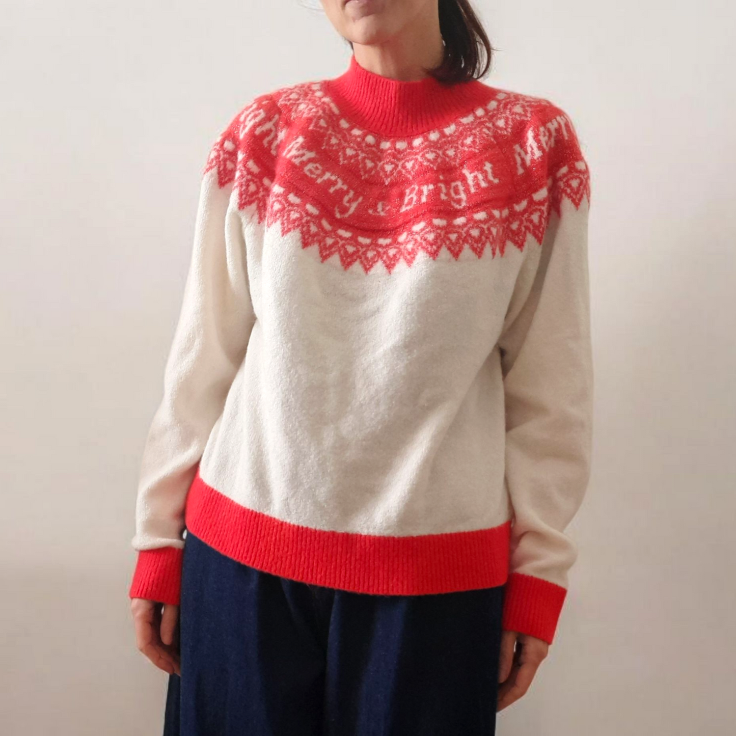 Vintage 90s HOLIDAY TIME Cream Red Gold Sparkly Festive Fairisle Jumper