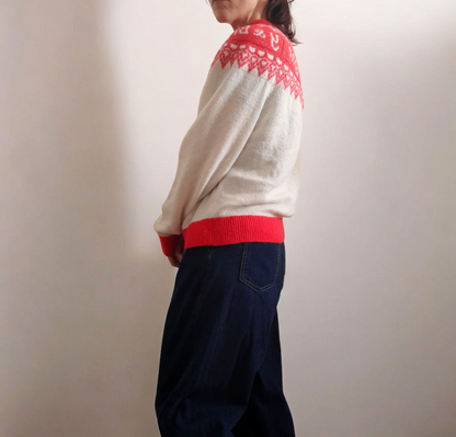 Vintage 90s HOLIDAY TIME Cream Red Gold Sparkly Festive Fairisle Jumper