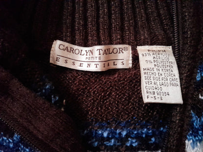 Vintage CAROLYN TAYLOR Brown White Blue Fairisle Knit Zip Up Cardigan