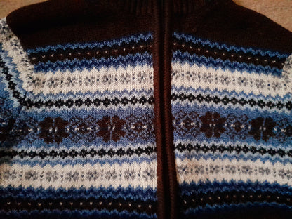 Vintage CAROLYN TAYLOR Brown White Blue Fairisle Knit Zip Up Cardigan