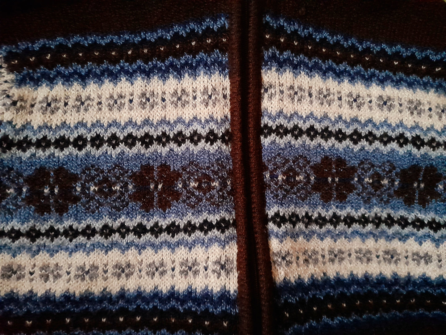 Vintage CAROLYN TAYLOR Brown White Blue Fairisle Knit Zip Up Cardigan
