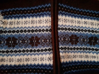 Vintage CAROLYN TAYLOR Brown White Blue Fairisle Knit Zip Up Cardigan
