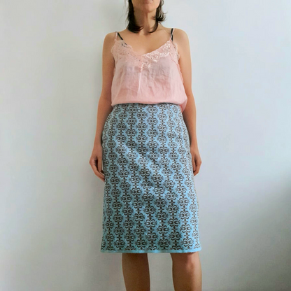 Vintage 1960s Light Blue Brown Floral Knitted Skirt
