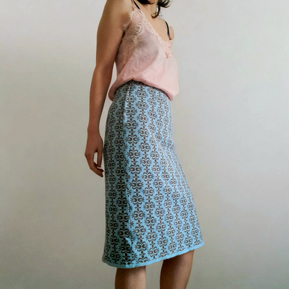 Vintage 1960s Light Blue Brown Floral Knitted Skirt