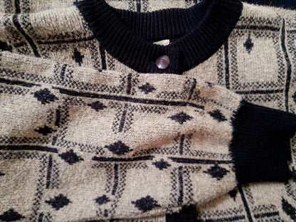 Vintage 80s Oatmeal Beige Black Diamond Knit Check Cardigan