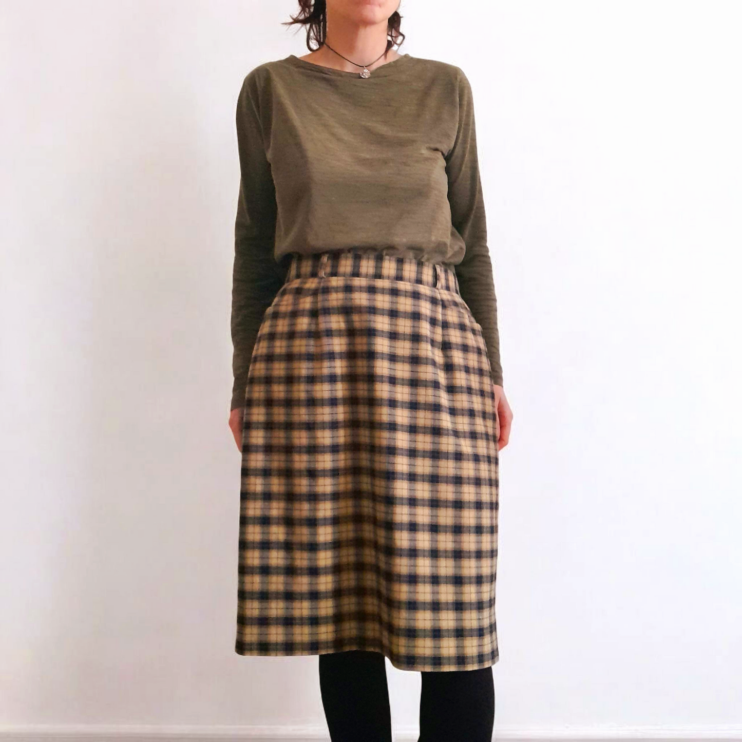 Vintage 90s Bianca Tan Black Check Plaid Wool Blend Skirt