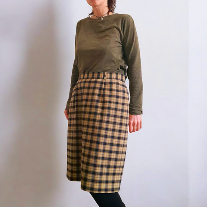 Vintage 90s Bianca Tan Black Check Plaid Wool Blend Skirt