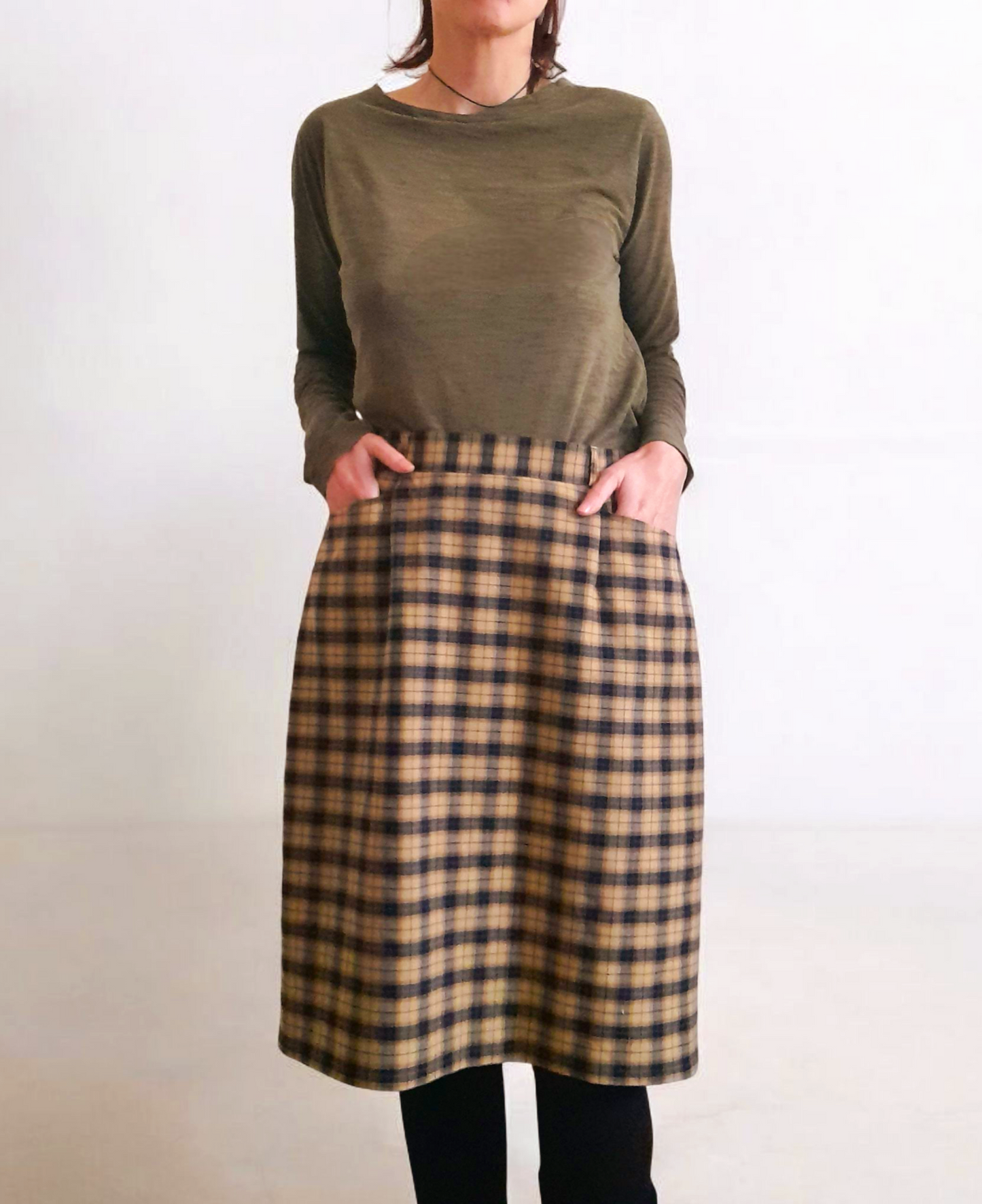 Vintage 90s Bianca Tan Black Check Plaid Wool Blend Skirt