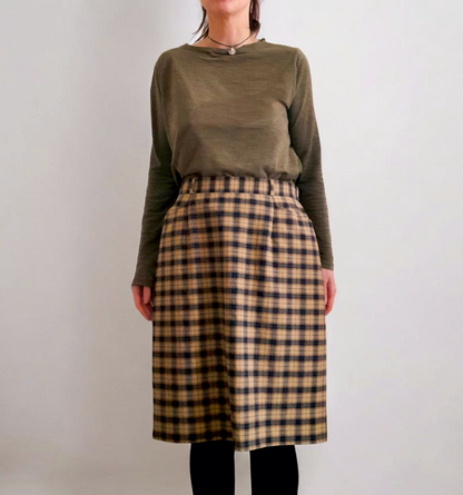 Vintage 90s Bianca Tan Black Check Plaid Wool Blend Skirt