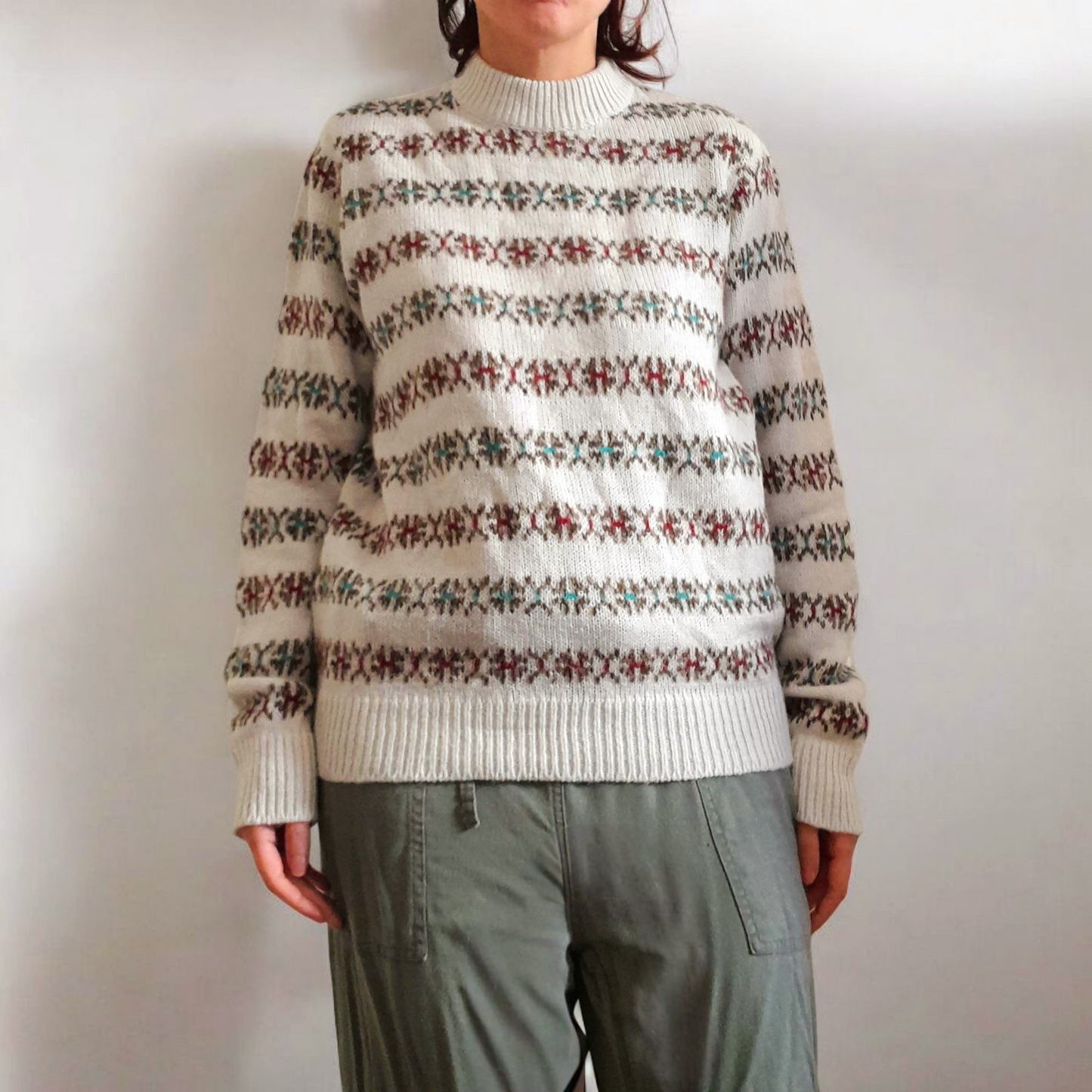 Vintage 80s White Brown Red Green Geometric Stripe Knit Jumper