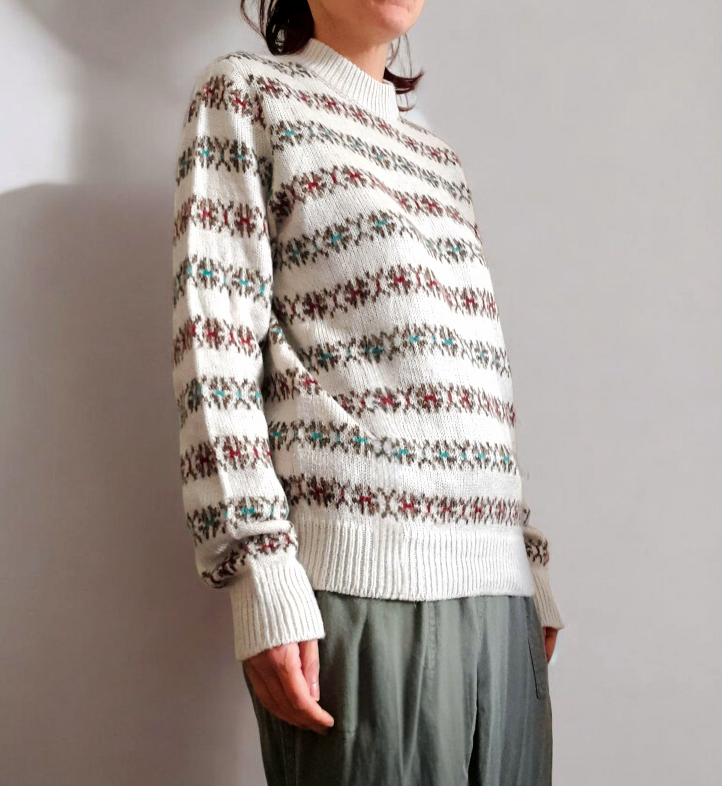Vintage 80s White Brown Red Green Geometric Stripe Knit Jumper