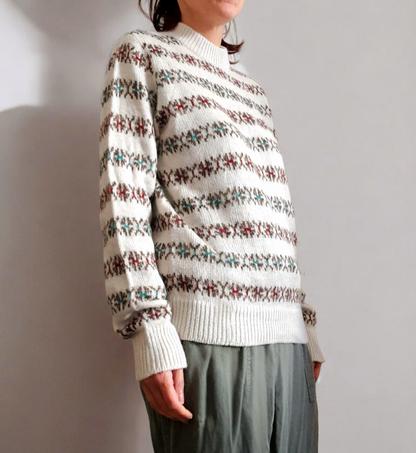 Vintage 80s White Brown Red Green Geometric Stripe Knit Jumper
