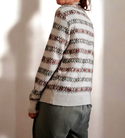 Vintage 80s White Brown Red Green Geometric Stripe Knit Jumper