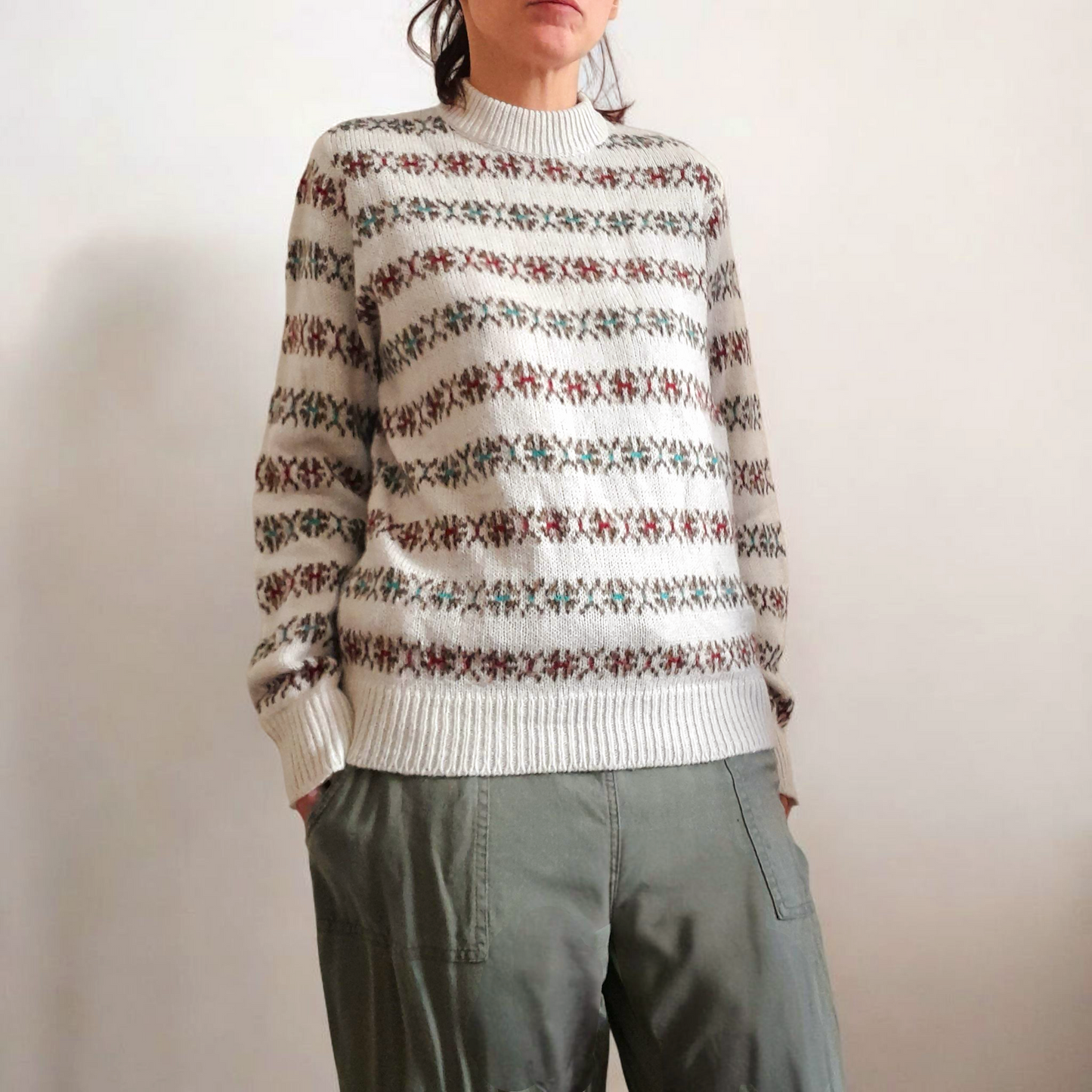 Vintage 80s White Brown Red Green Geometric Stripe Knit Jumper