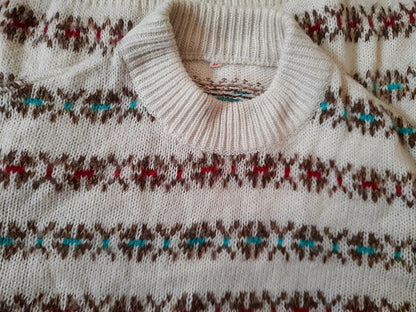 Vintage 80s White Brown Red Green Geometric Stripe Knit Jumper
