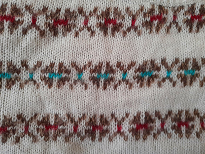 Vintage 80s White Brown Red Green Geometric Stripe Knit Jumper