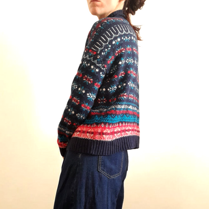 Vintage Y2K LOFT Navy Red Aqua Pink Geometric Icelandic Knit Jumper