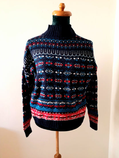 Vintage Y2K LOFT Navy Red Aqua Pink Geometric Icelandic Knit Jumper