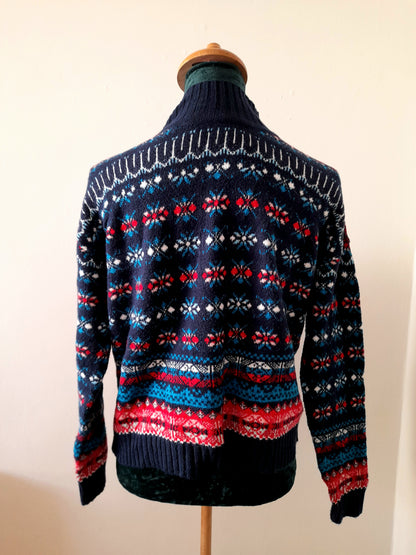 Vintage Y2K LOFT Navy Red Aqua Pink Geometric Icelandic Knit Jumper