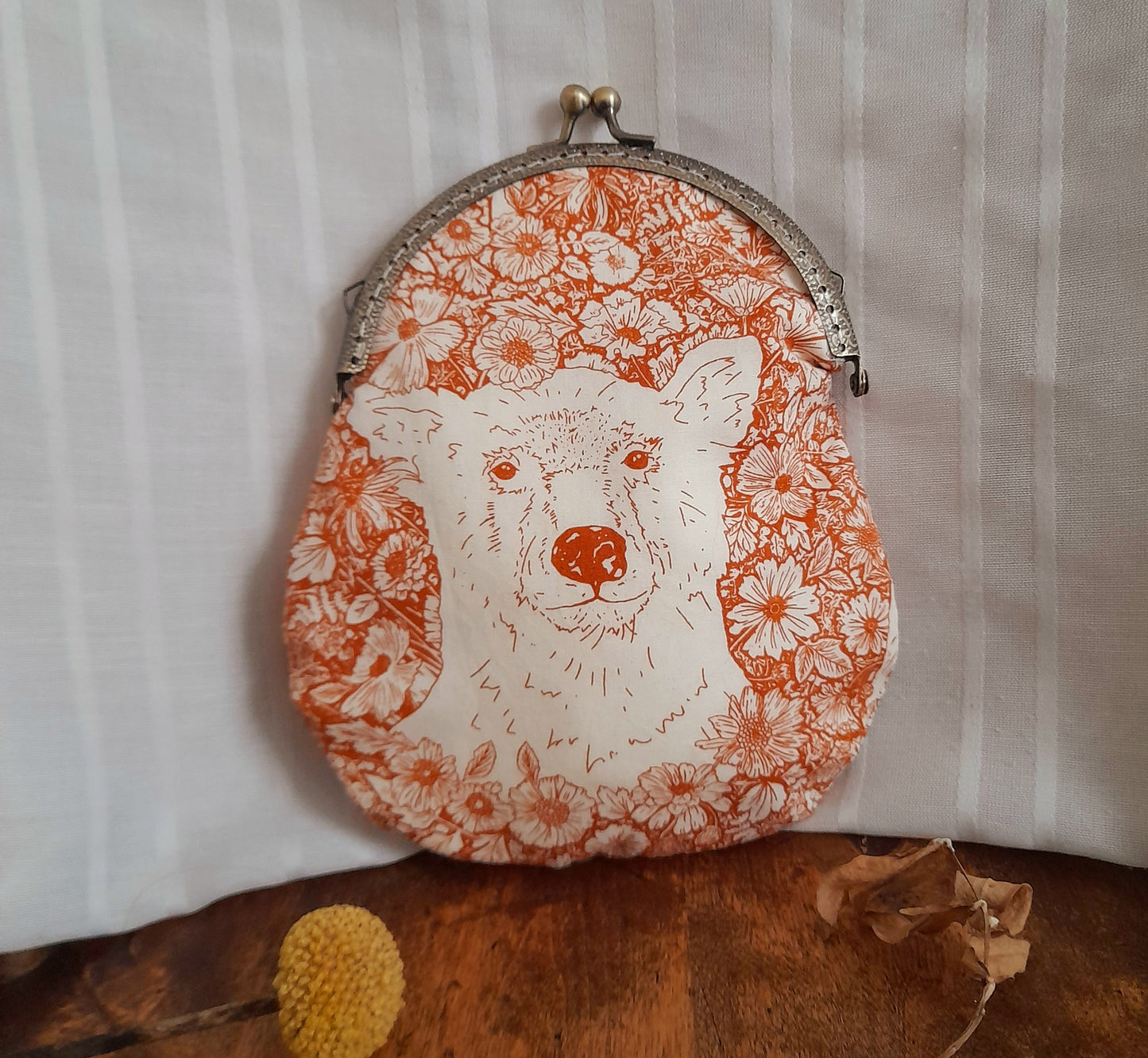 Sepia Orange White Wildflowers Bear Bronze Large Cotton Clasp Pouch