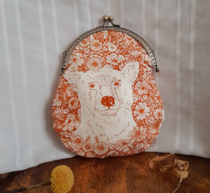 Sepia Orange White Wildflowers Bear Bronze Large Cotton Clasp Pouch