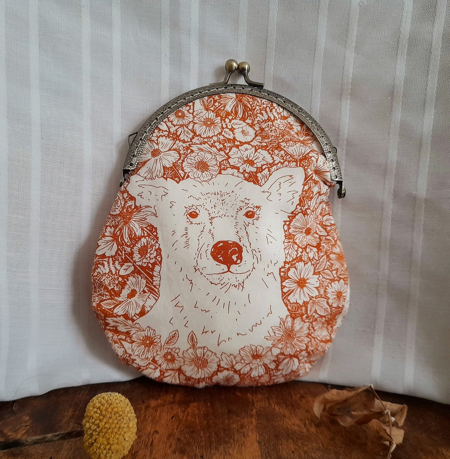Sepia Orange White Wildflowers Bear Bronze Large Cotton Clasp Pouch