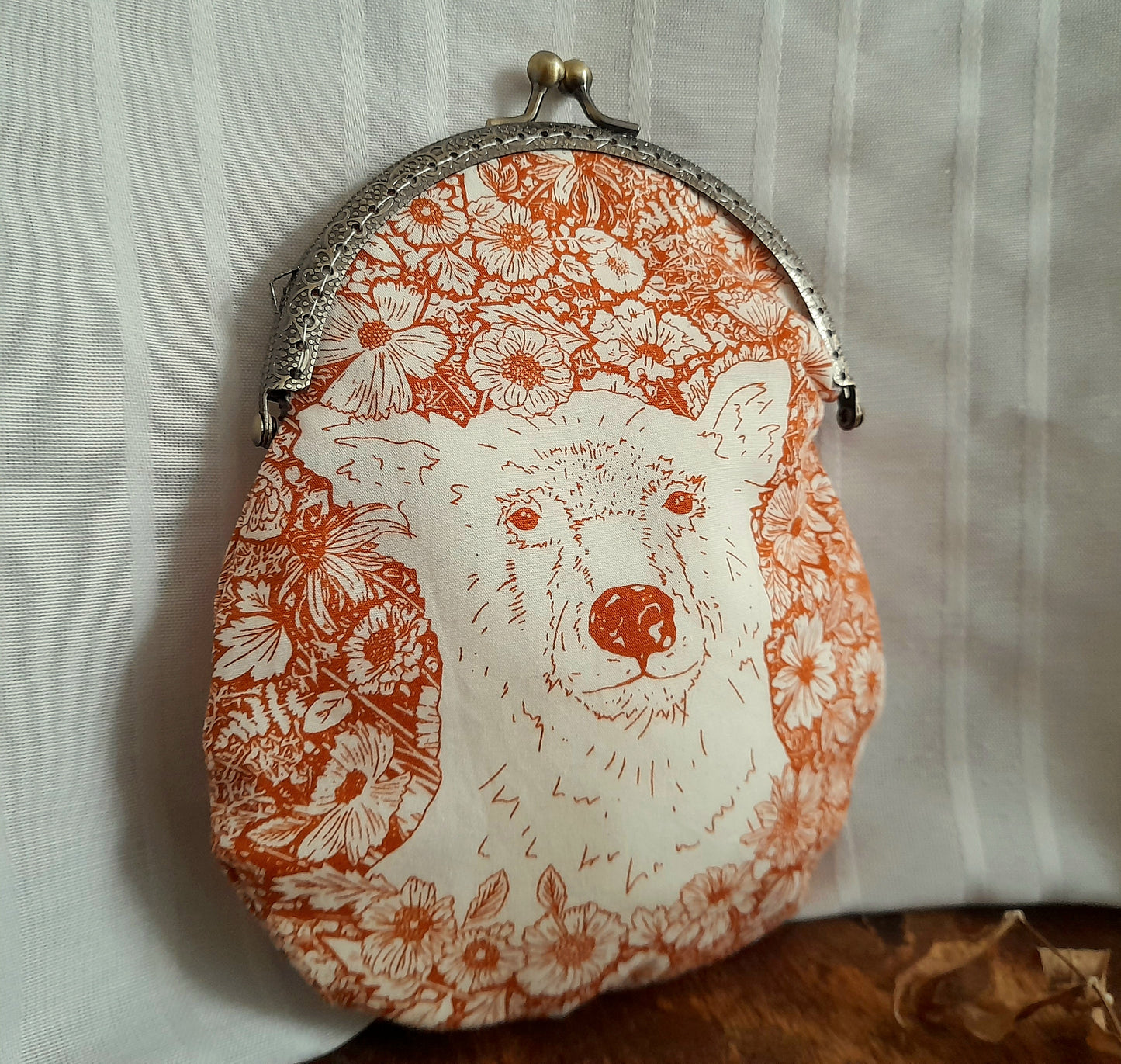 Sepia Orange White Wildflowers Bear Bronze Large Cotton Clasp Pouch