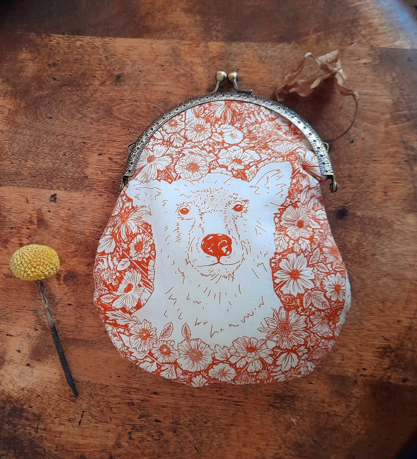 Sepia Orange White Wildflowers Bear Bronze Large Cotton Clasp Pouch