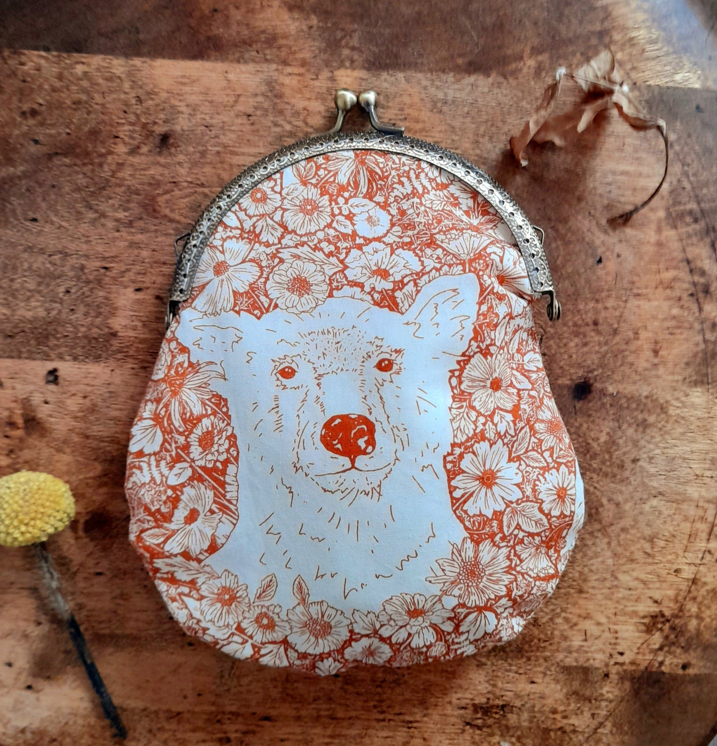 Sepia Orange White Wildflowers Bear Bronze Large Cotton Clasp Pouch