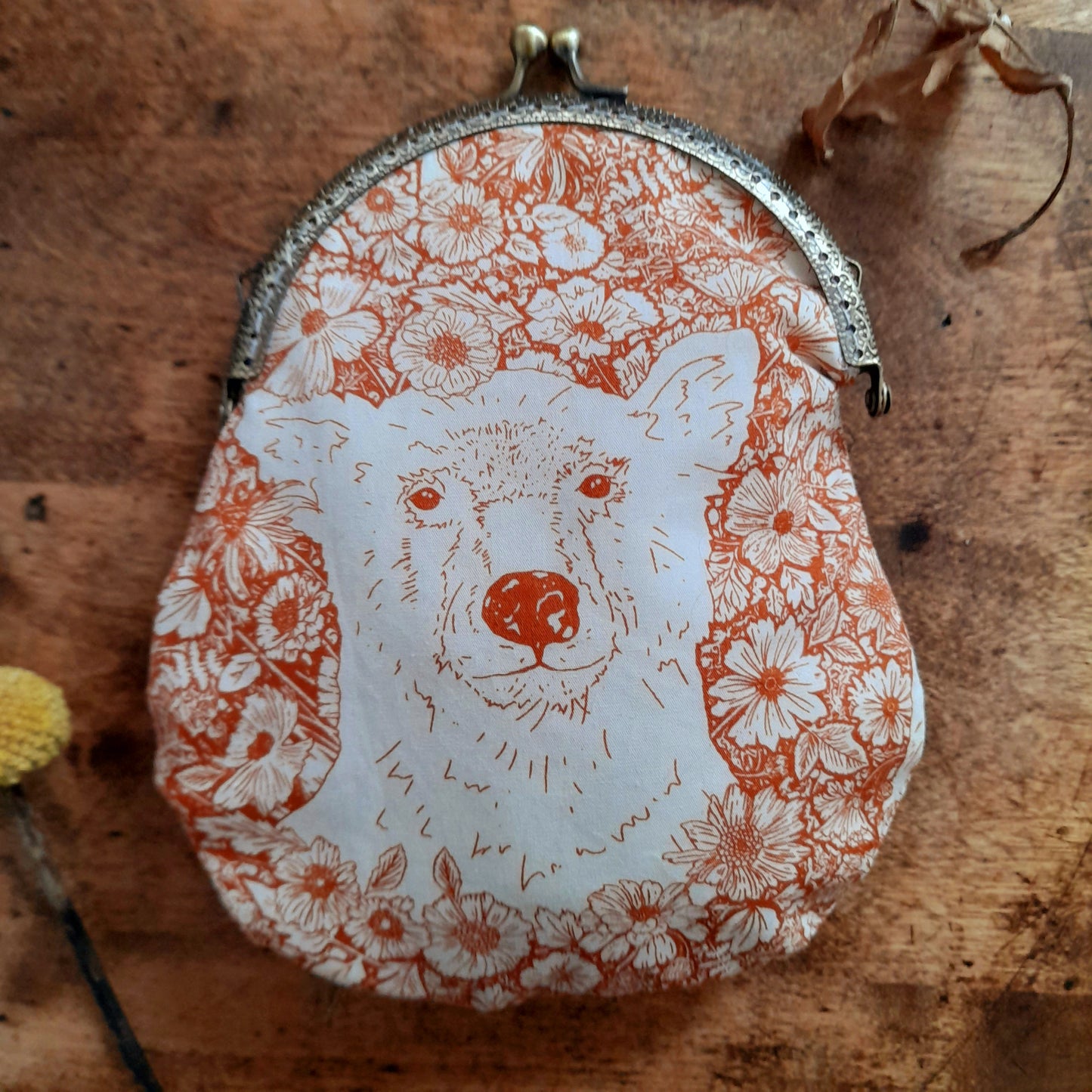 Sepia Orange White Wildflowers Bear Bronze Large Cotton Clasp Pouch
