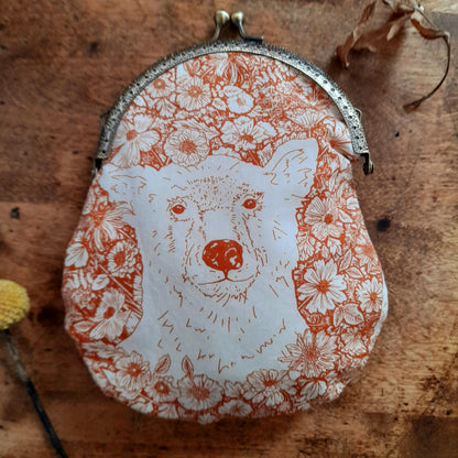 Sepia Orange White Wildflowers Bear Bronze Large Cotton Clasp Pouch